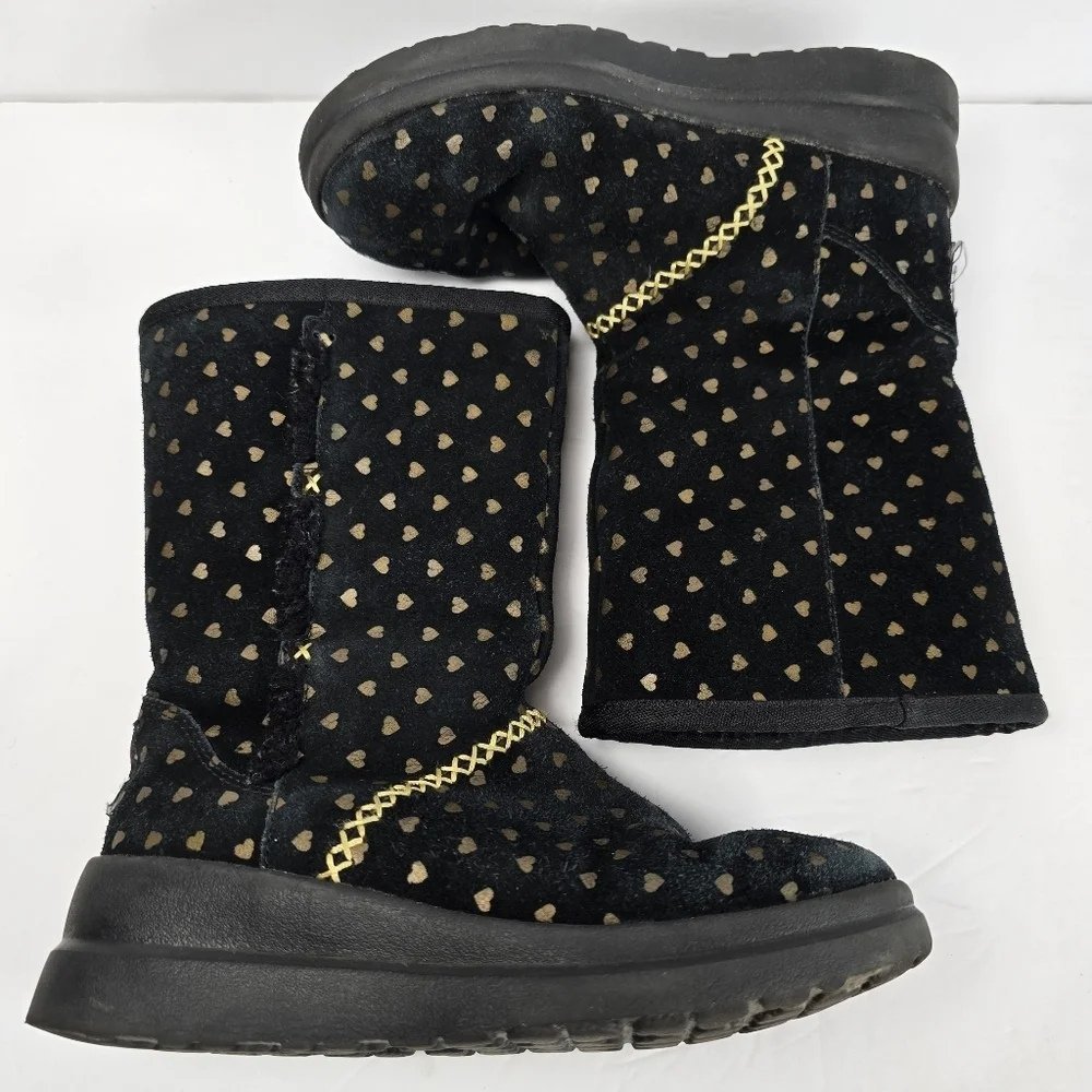 UGG I Heart Girls Black Suede Boots With Gold Hearts/Gold Rope Detail Size 3